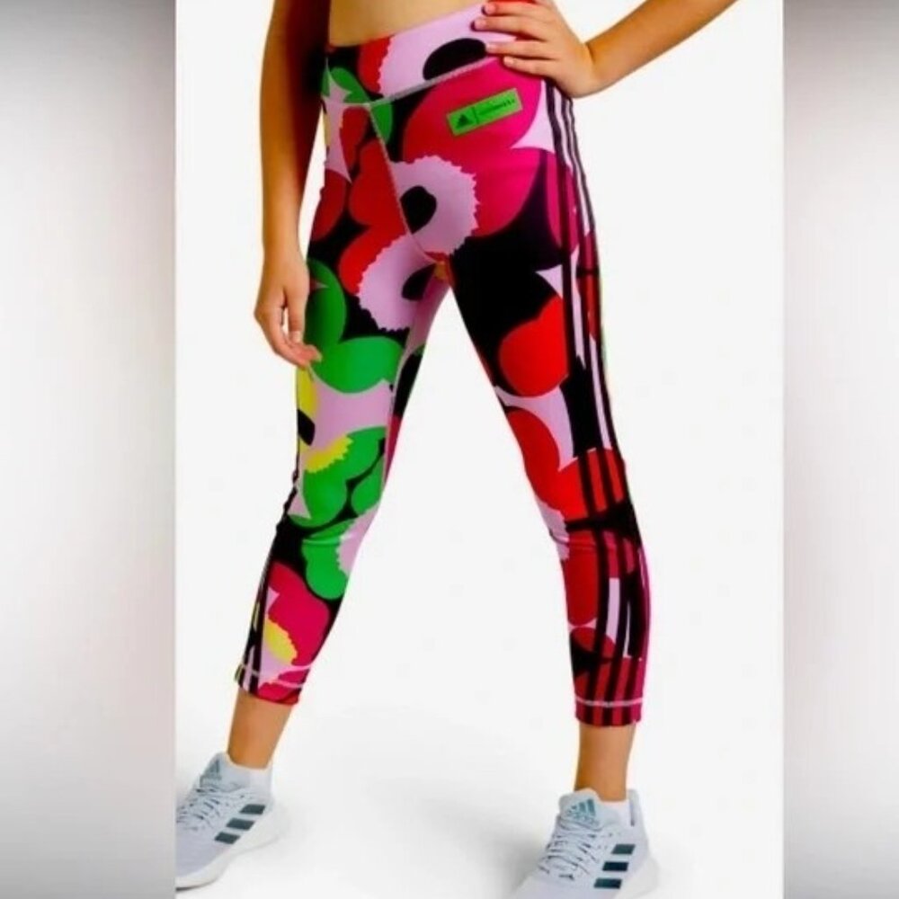 Adidas x Marimekko Leggings Girls Medium 11-12Y Floral Believe This Red Pink New